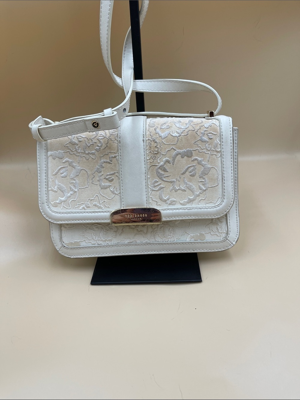 Ted Baker London White Embossed Floral Crossbody Shoulder Bag with Gold Accent